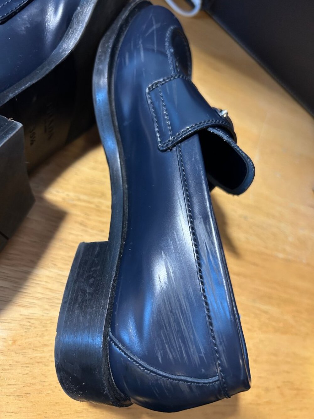Authentic Womens Prada Dark Navy Blue Brushed Leather Logo Loafers 35.5 US/5.5 - Picture 11 of 16